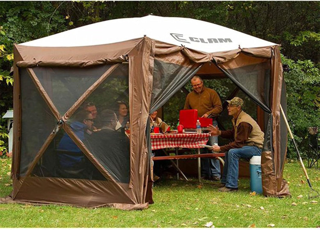 CLAM Quick Set Pavilion 12.5 x 12.5 Foot Portable Pop Up Outdoor Camping Gazebo Screen Tent Canopy Shelter and Carry Bag with Tarp Cover, Brown