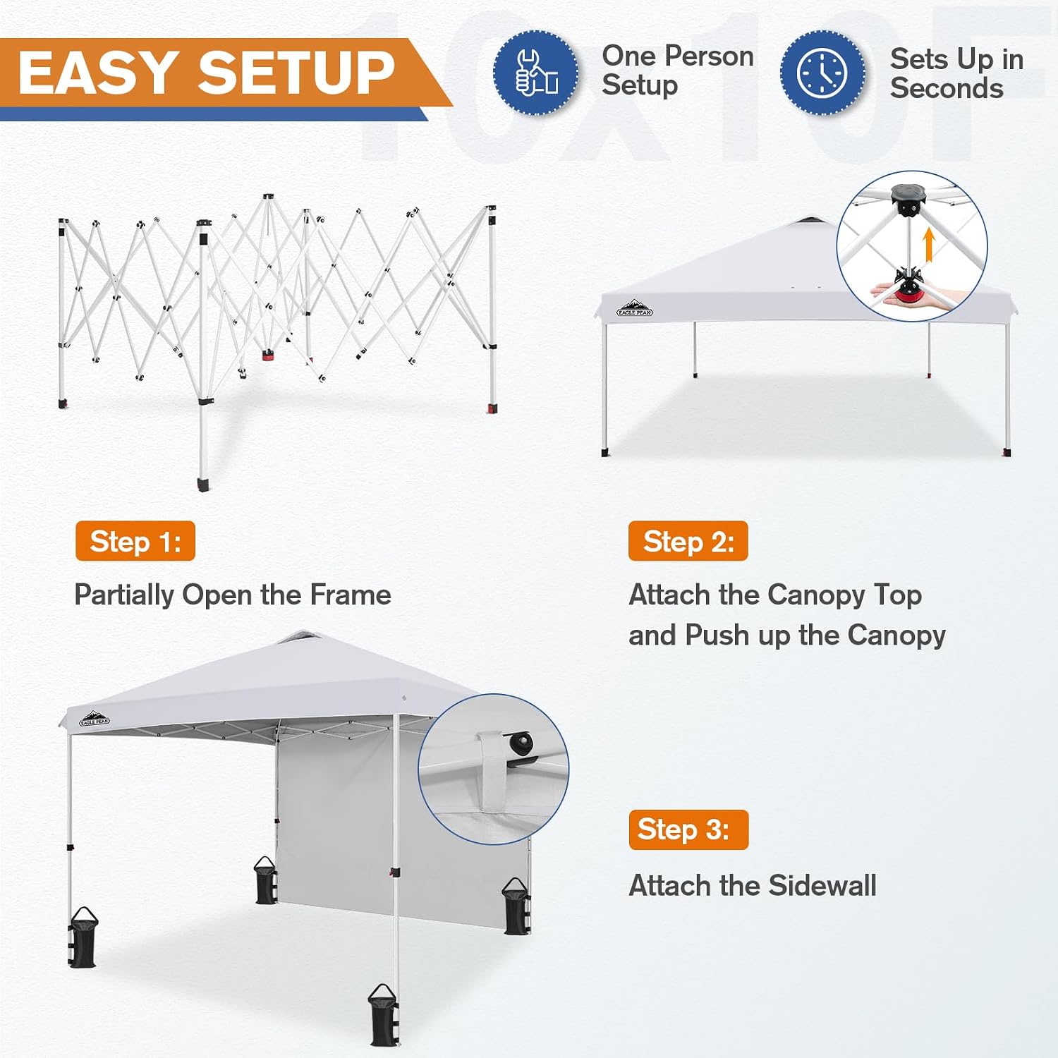 EAGLE PEAK Commercial Canopy 10x10 Pop Up Canopy Tent with 1 Sidewall, Easy Setup Heavy Duty Instant Event Shelter for Vendors & Markets, Outdoor Sun Shade, White