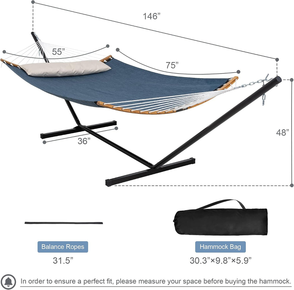 2 Person Hammock with Stand Included, Quick Dry Hammock with Curved Spreader Bars for Outside, Poolside, 450 Lbs Capacity, Dark Blue