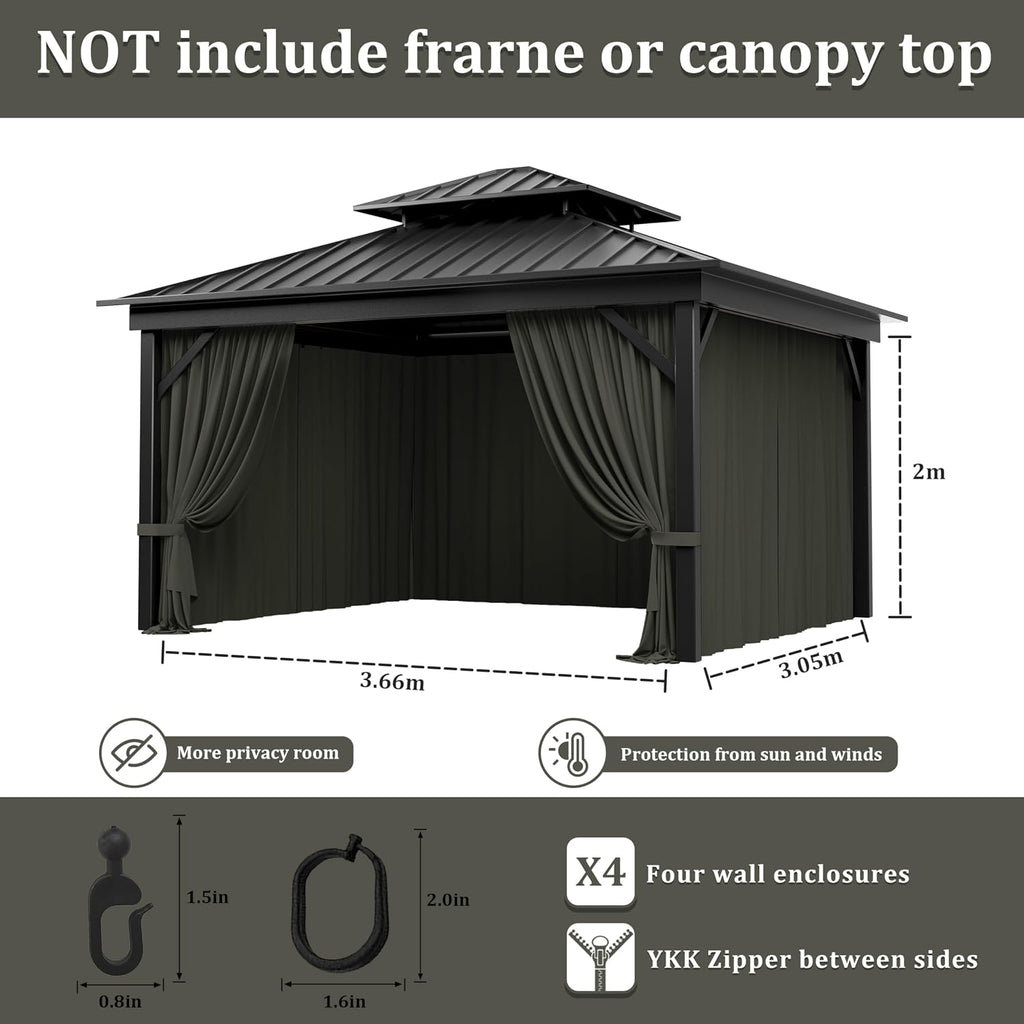 Outdoor Gazebo Curtain Replacement Universal 4-Panel Sidewalls 10' X 12',Outdoor Patio Waterproof Privacy Curtain with Double Zipper for Patio,Garden, and Backyard (Curtain Only)