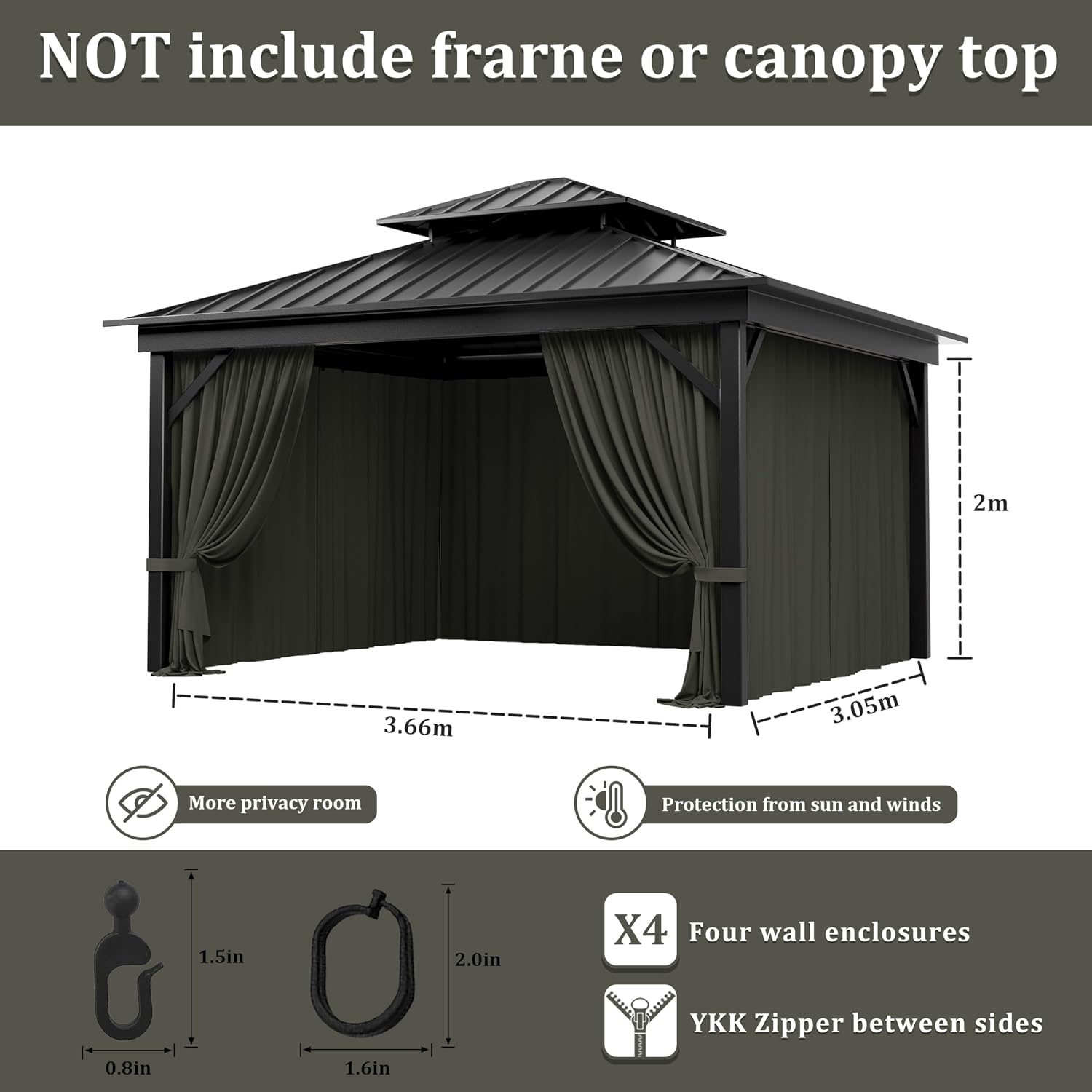 Outdoor Gazebo Curtain Replacement Universal 4-Panel Sidewalls 10' X 12',Outdoor Patio Waterproof Privacy Curtain with Double Zipper for Patio,Garden, and Backyard (Curtain Only)