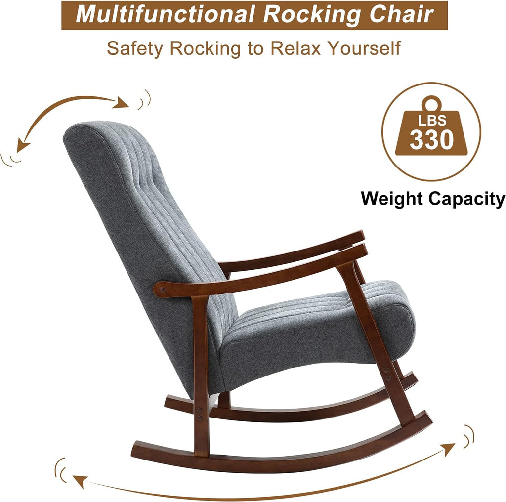 AVAWING Upholstered Rocking Chair with Fabric Padded Seat, Comfortable Rocker Solid Wood for Living Room, Modern High Back Armchair for Adult, Dark Grey