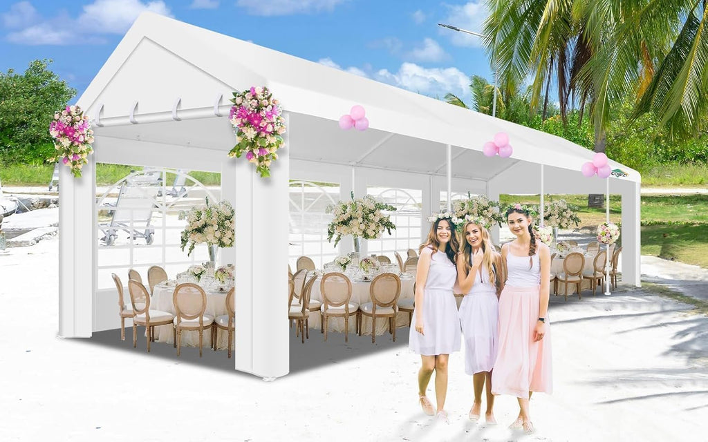 COBIZI 10x30 Heavy Duty Party Tent Outdoor Waterproof Canopy with 8 Church Windows & 8 Sidewalls, Built-in Sandbag, White Powder Coating Commercial Event Shelter Tents for Parties Wedding BBQ Patio