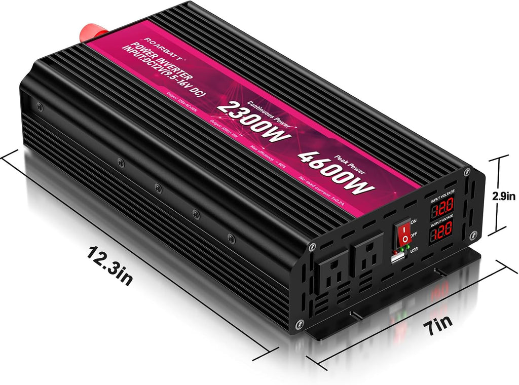 2300W Power Inverter,12V DC to AC 110V120V Peak Power 4600W with 2AC Outlets and 2.4USB Port,LCD Display Car Inverter for Power Converter Outdoor Activities,Emergency,Vehicles Truck RV Solar System