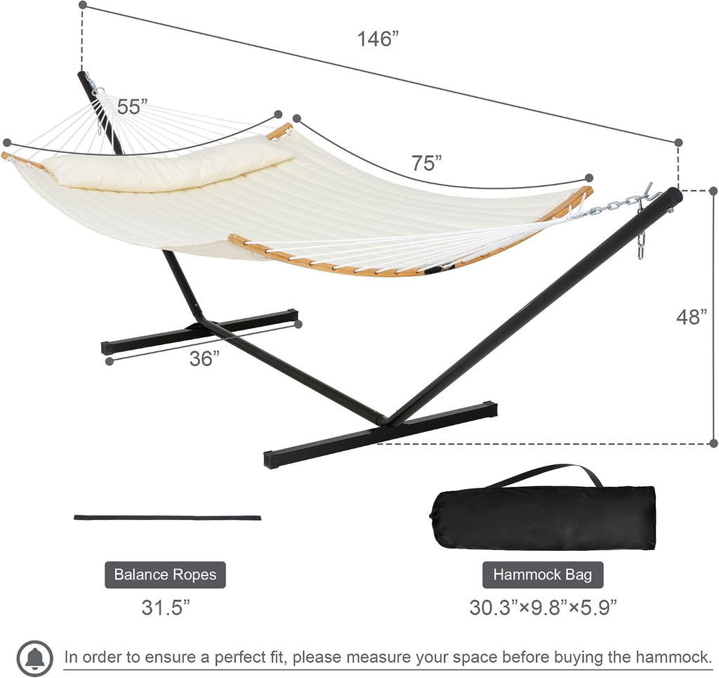 Outdoor Hammock with Stand Included, Two Person Hammock with Curved Spreader Bar, Pillow and Portable Bag, 450 Lbs Capacity, Beige
