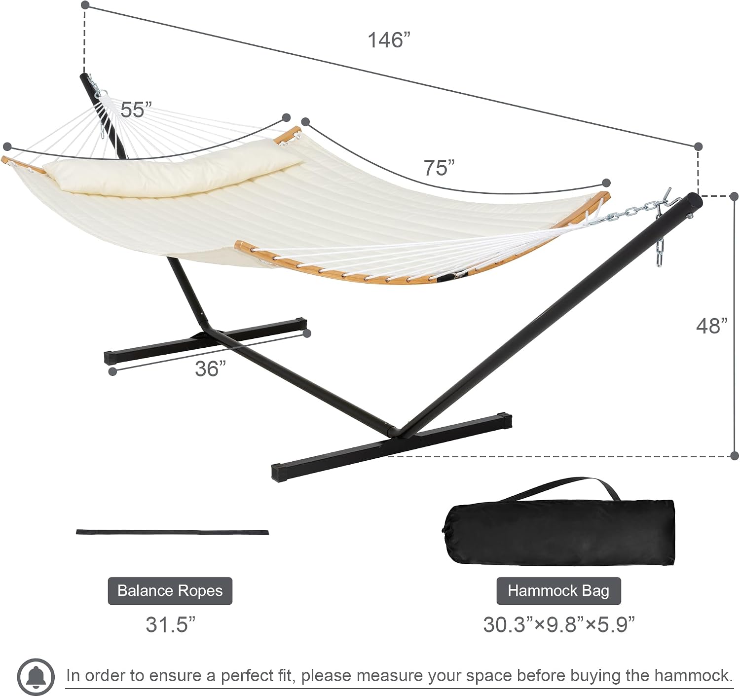 Outdoor Hammock with Stand Included, Two Person Hammock with Curved Spreader Bar, Pillow and Portable Bag, 450 Lbs Capacity, Beige