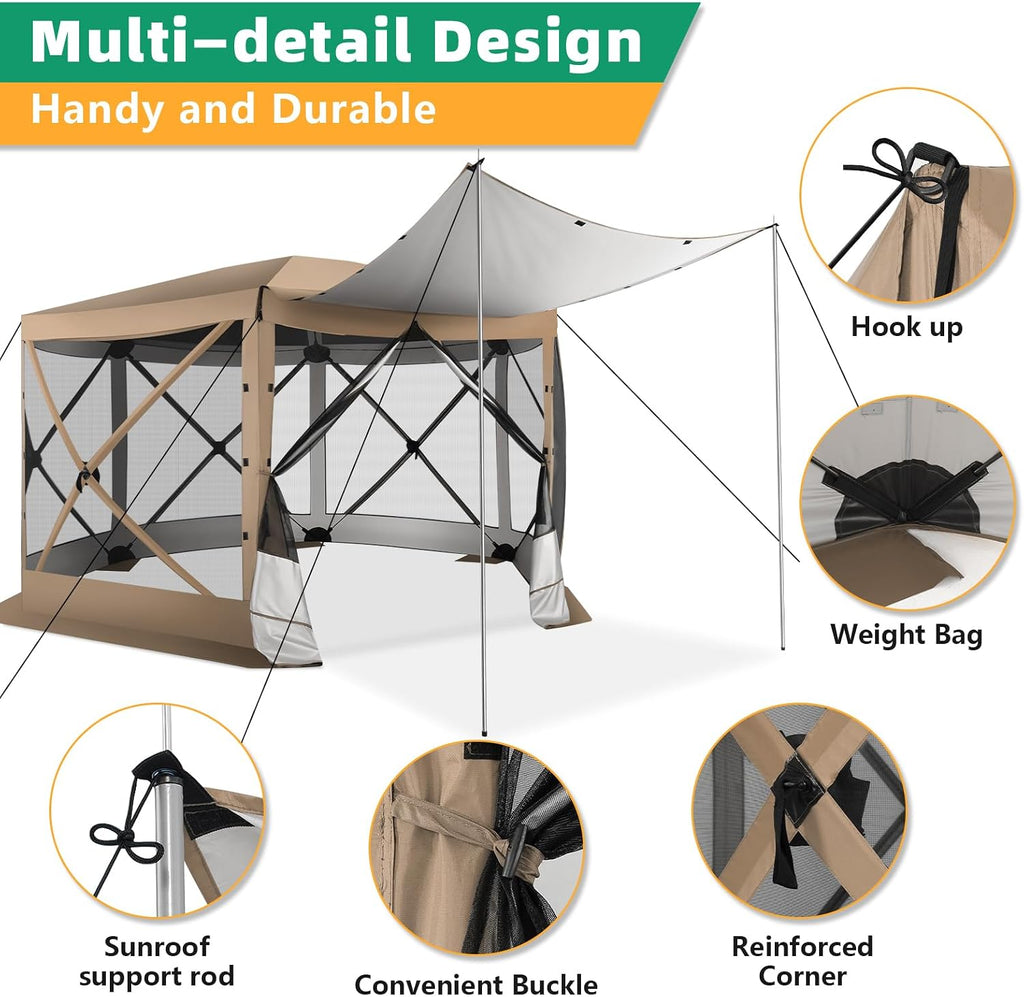 COBIZI Pop Up Gazebo Screen Tent Screen House for Camping, 12x12 Screen Room with Mosquito Netting, Hub Tent Instant Screened Canopy with Carrying Bag and Ground Stakes, Khaki