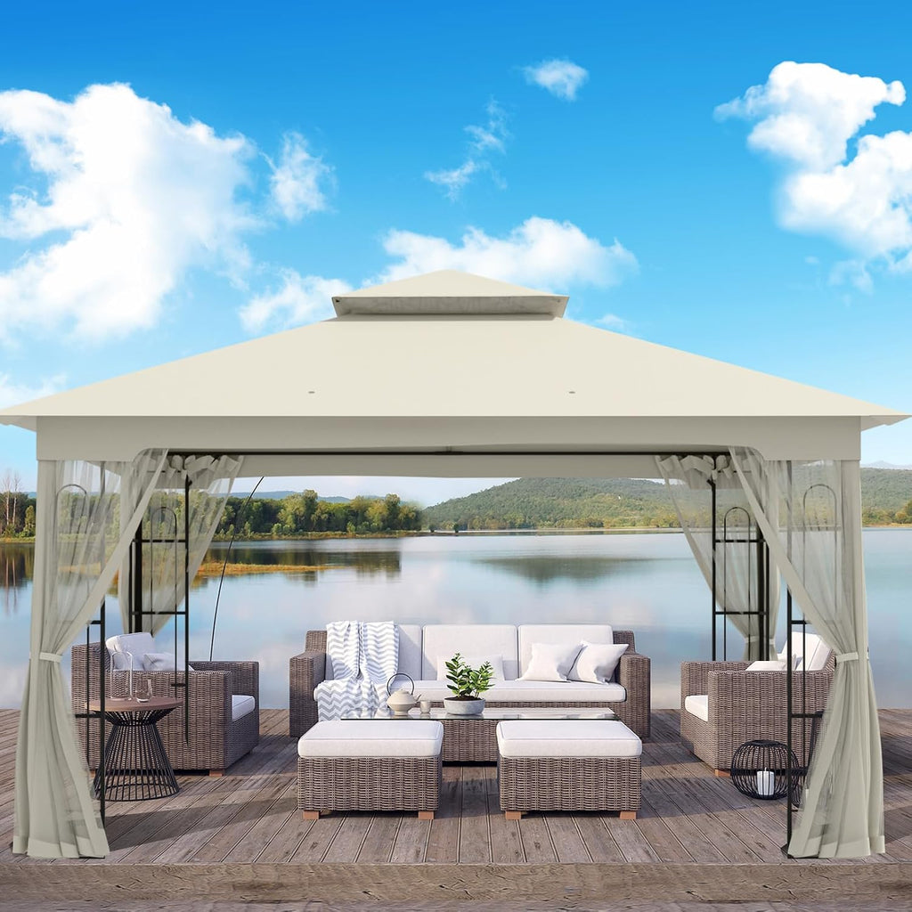10x12 Outdoor Gazebo Tent with Netting, Double Roof Patio Gazebo with Soft Fabric Top, Outdoor Pavilion for Backyard Patio Garden Lawn, Beige