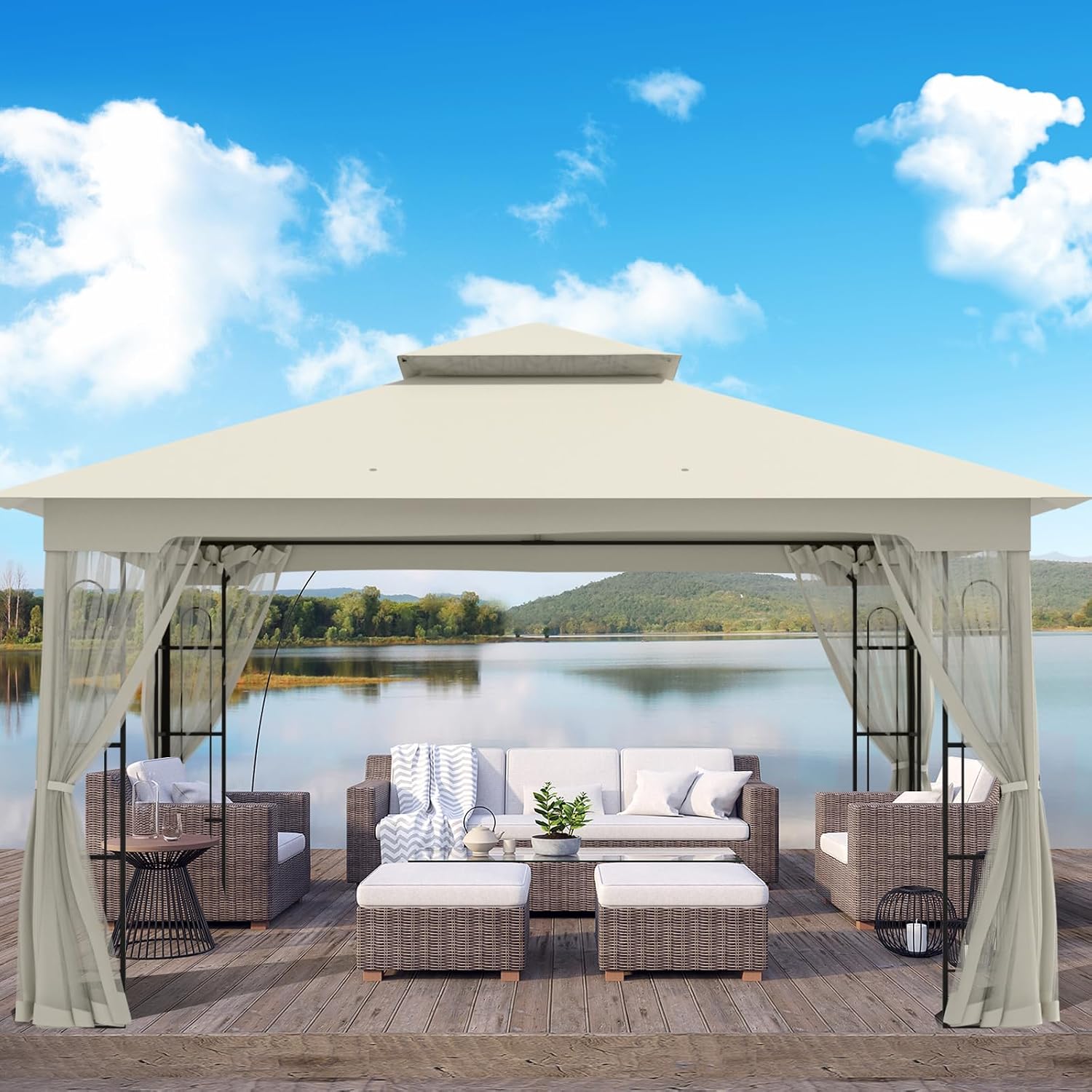 10x12 Outdoor Gazebo Tent with Netting, Double Roof Patio Gazebo with Soft Fabric Top, Outdoor Pavilion for Backyard Patio Garden Lawn, Beige