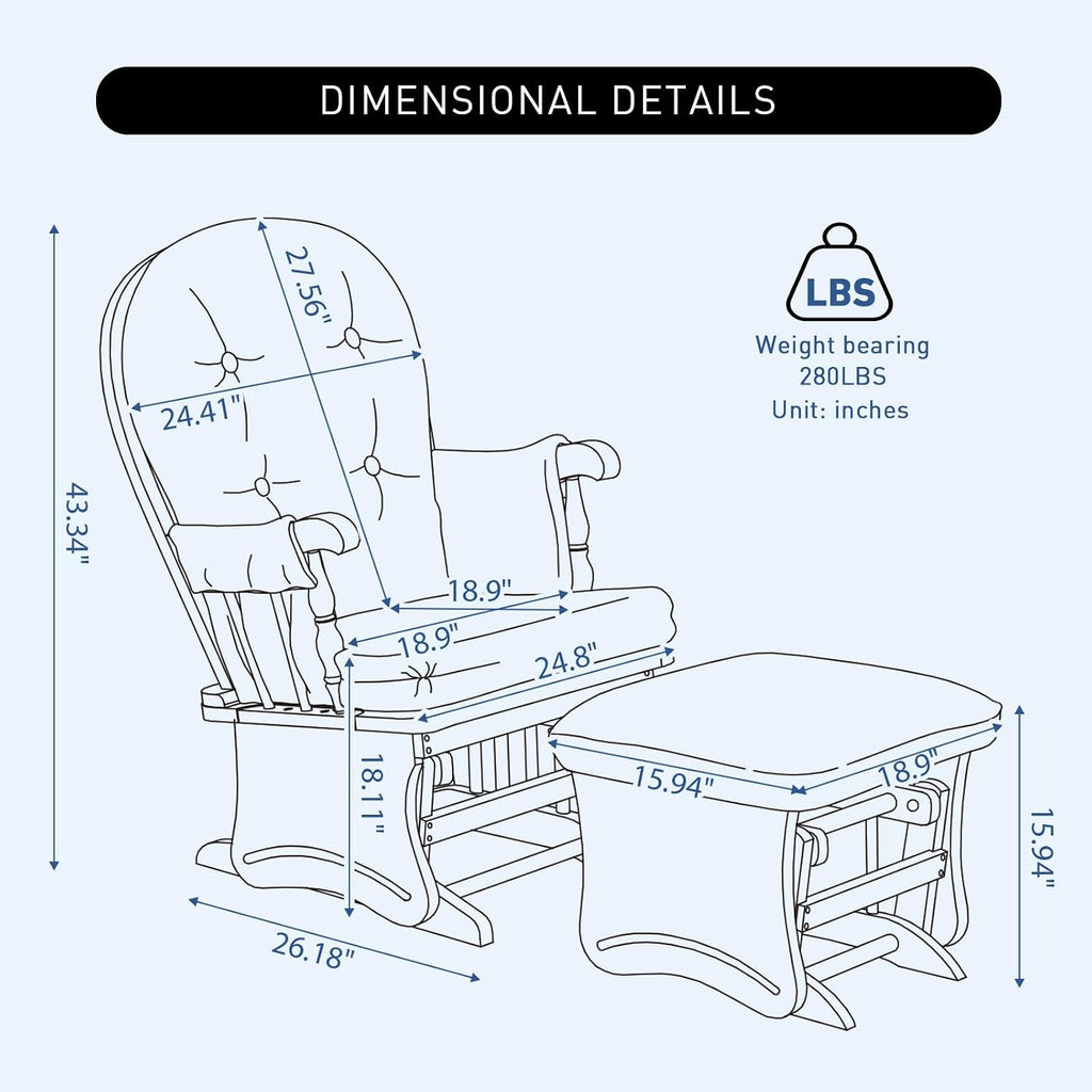 Solid Wood Glider Rocking Chair with Ottoman Set - Stylish Modern Nursery Glider Rocker with Thick Padded Cushion, Smooth Gliding Motion for Living Room, Nursing, Reading - 280LBS Capacity, Red
