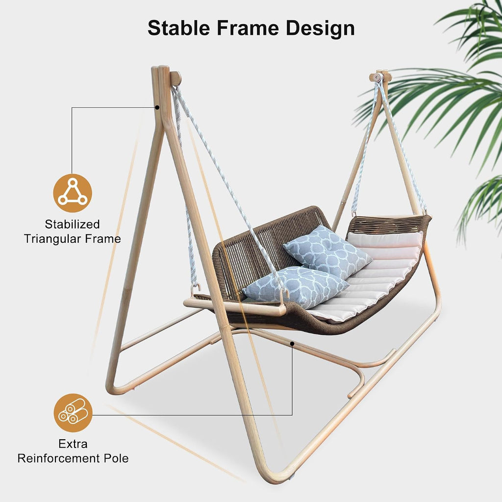 PURPLE LEAF 2 Seat Porch Swing Outdoor Hand-Woven Rattan Bench Glider Loveseat Hanging Cloud Swing Chair with Stand for Indoor Backyard Garden Patio Hammock Swinging, Cushion and Pillows Included