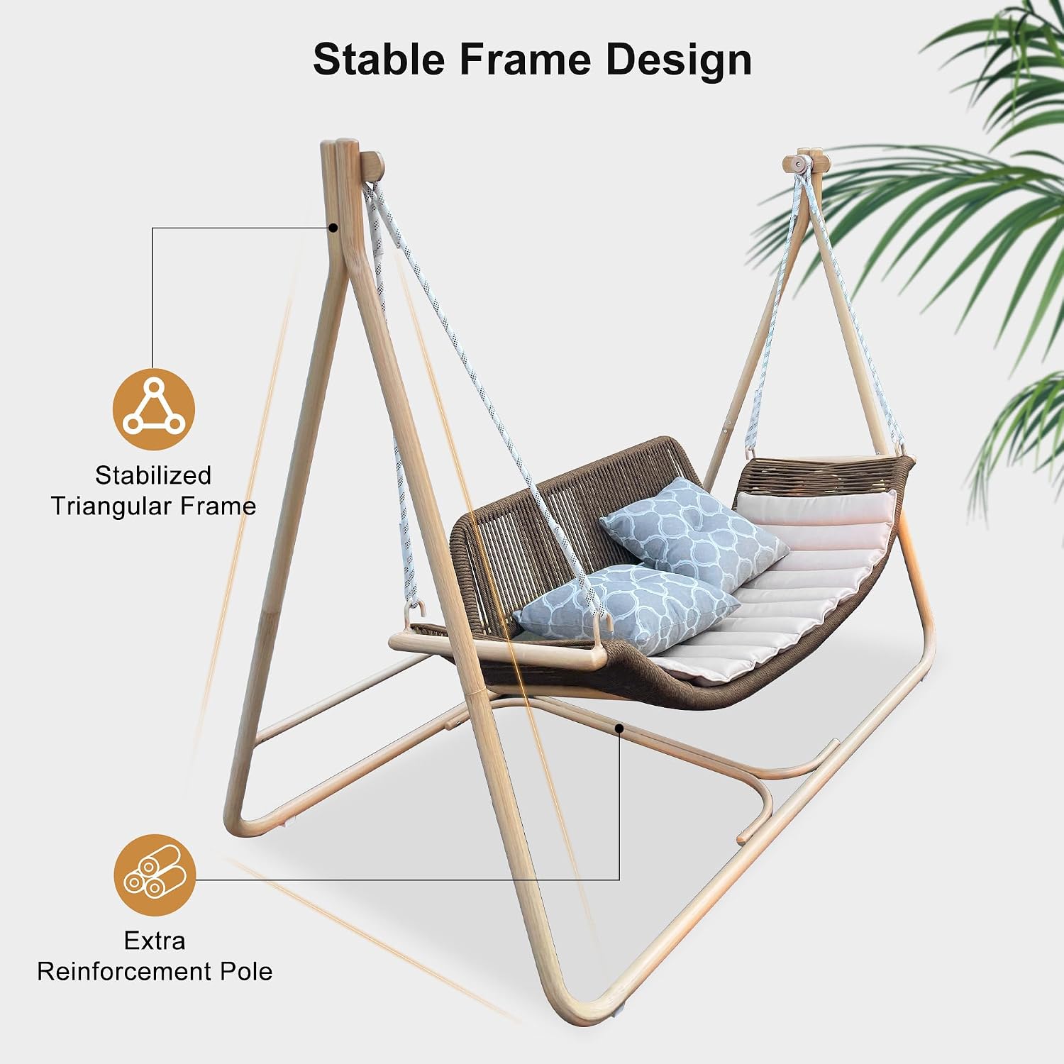 PURPLE LEAF 2 Seat Porch Swing Outdoor Hand-Woven Rattan Bench Glider Loveseat Hanging Cloud Swing Chair with Stand for Indoor Backyard Garden Patio Hammock Swinging, Cushion and Pillows Included