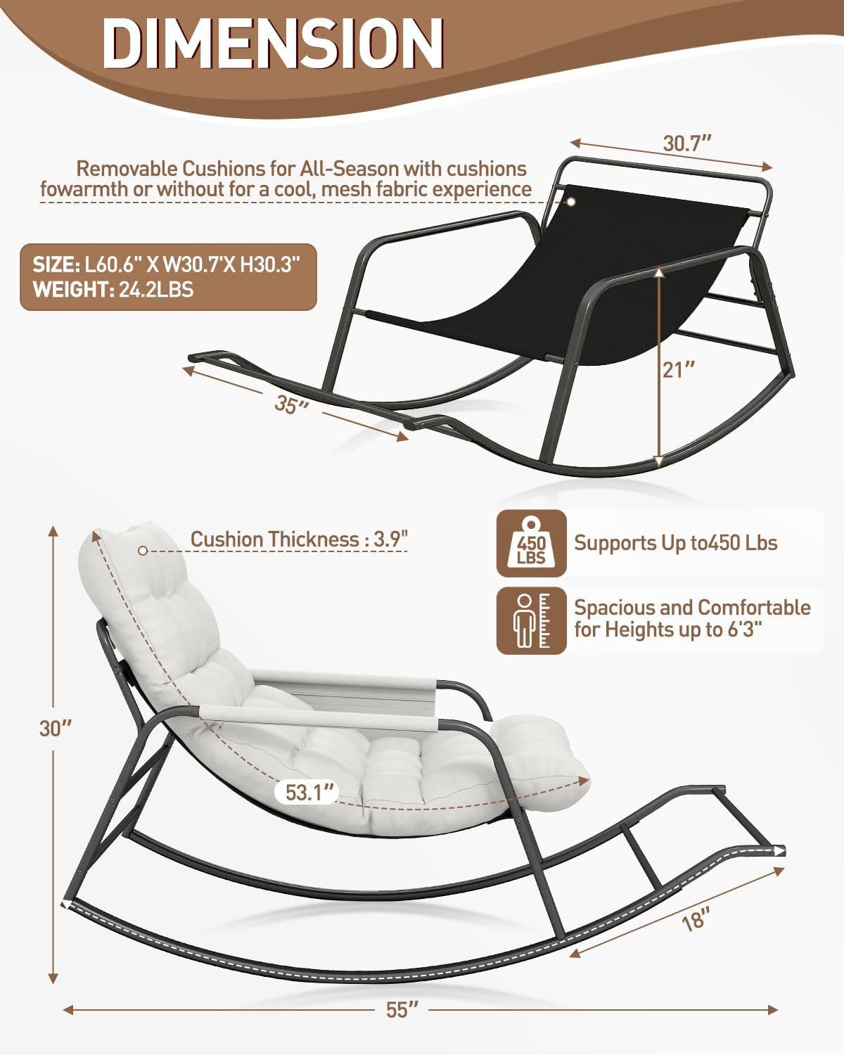 Oversized Indoor Rocking Chair, Plush Papasan Chair with Comfy Padded Cushions & Side Pocket, for Patio Garden, Porch, Lounge, Outdoor, Beige