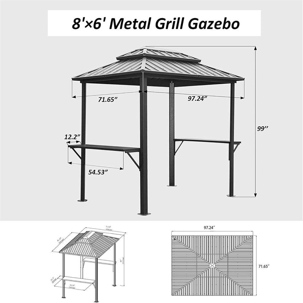 8' x 6' Hardtop Grill Gazebo, Aluminum BBQ Shelter with Double Steel Roof & 2 Shelves, Outdoor Metal Gazebo for Patio, Lawn, Deck, Backyard, Grey