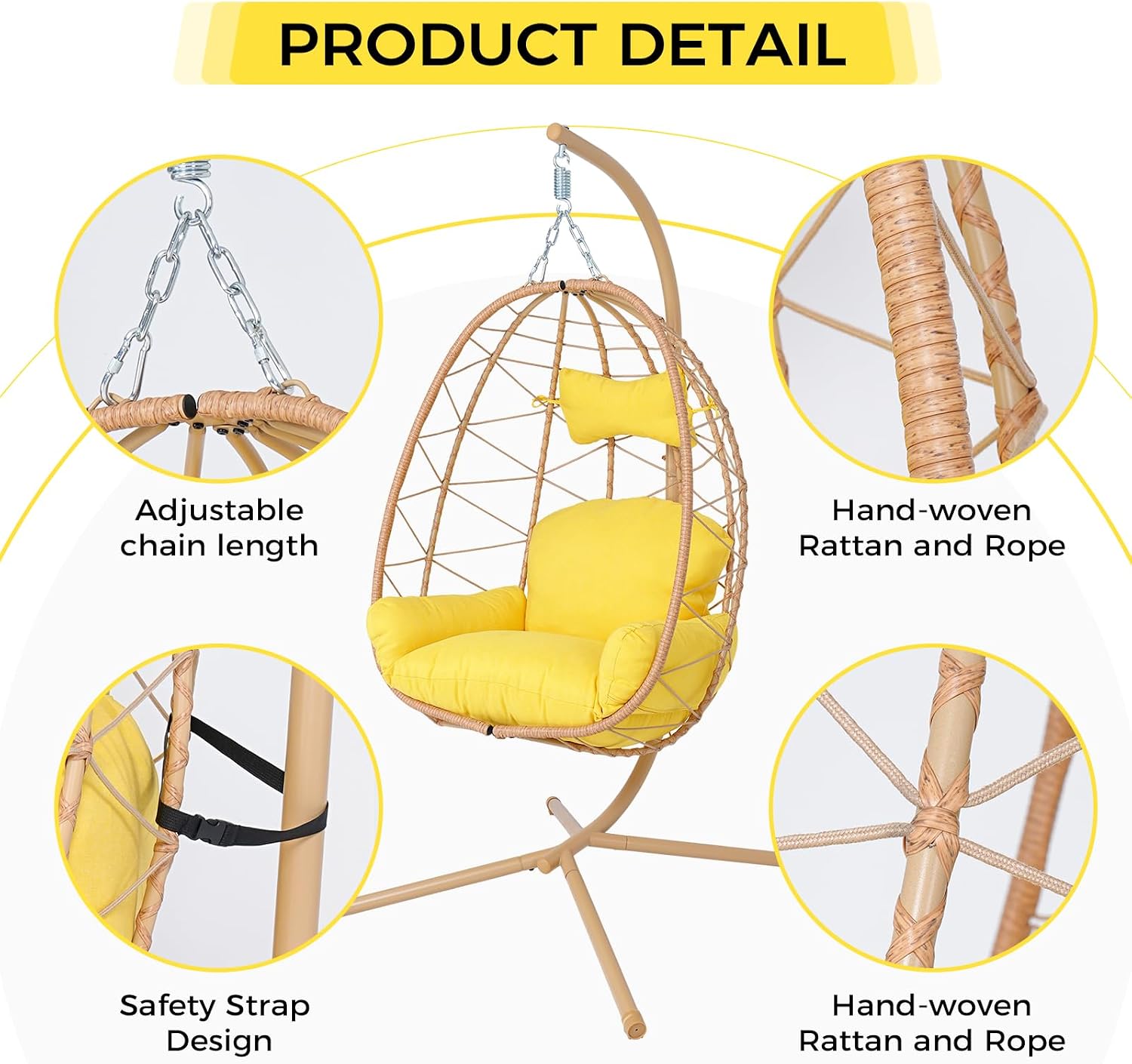 Egg Chair with Stand, Wicker Hanging Chair for Outdoor Patio, Cushioned Hammock Swing for Bedroom Garden Indoor/Outdoor, Double-Zipper Structure Hanging Egg Chair (Yellow and Yellow)