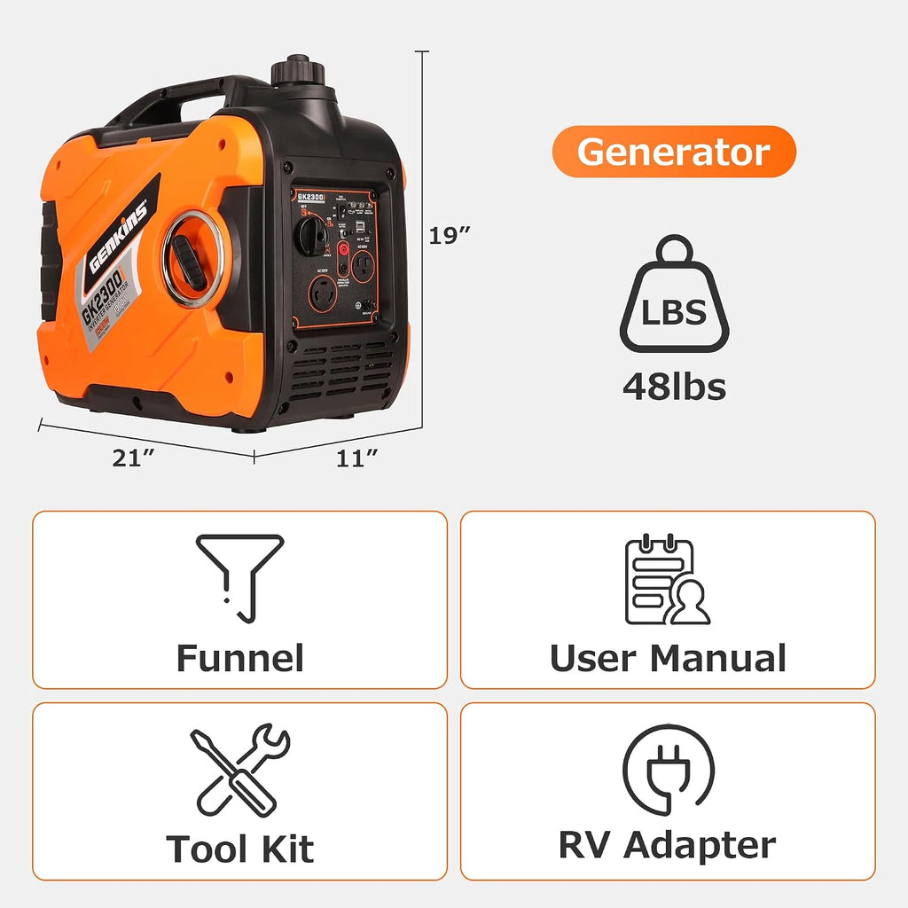 GENKINS Inverter Generator 2300 Watt Portable Generator Gas Powered Ultra Quiet for RV Ready Outdoor Camping Home Backup