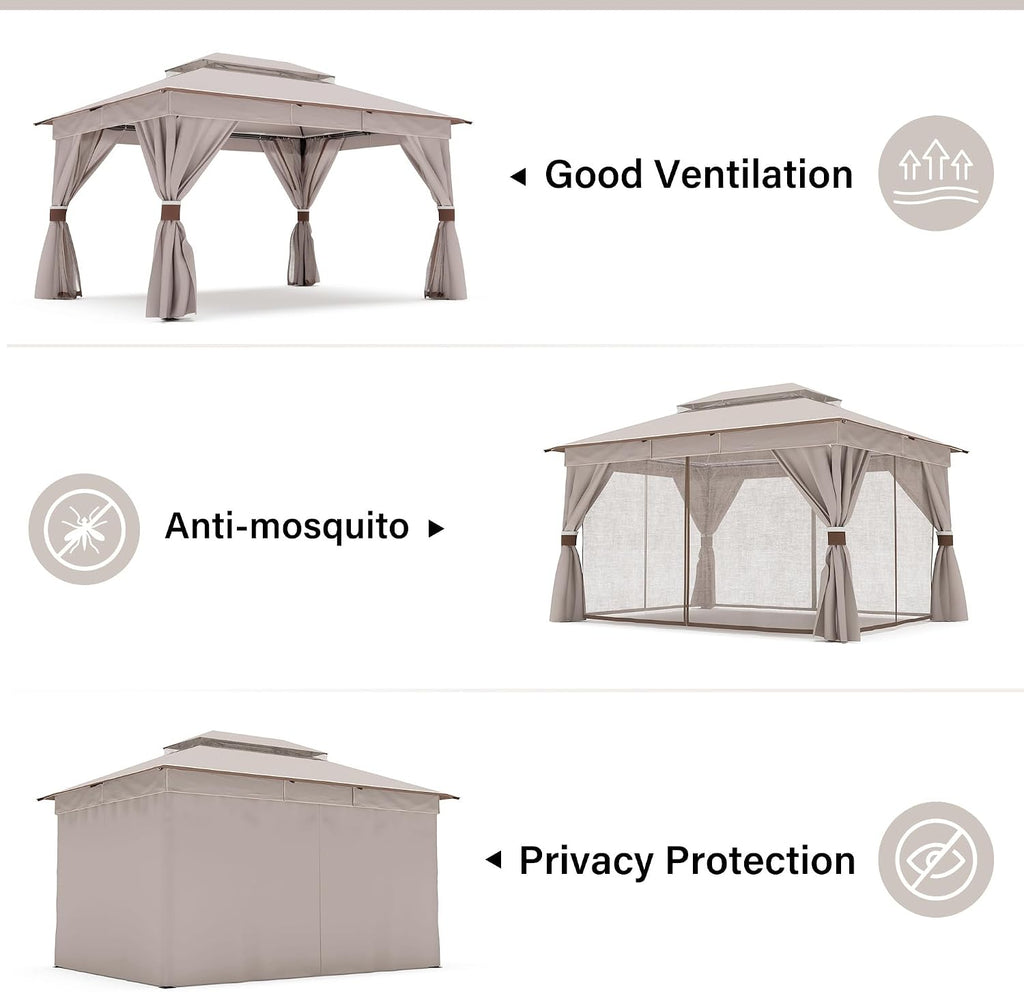LAUSAINT HOME 10'x13' Outdoor Gazebo, Metal Frame Heavy Duty Patio Canopy Tent Shelter with Double Roofs, Mosquito Nettings and Privacy Screens for Backyard, Garden, Lawn, Classic Khaki