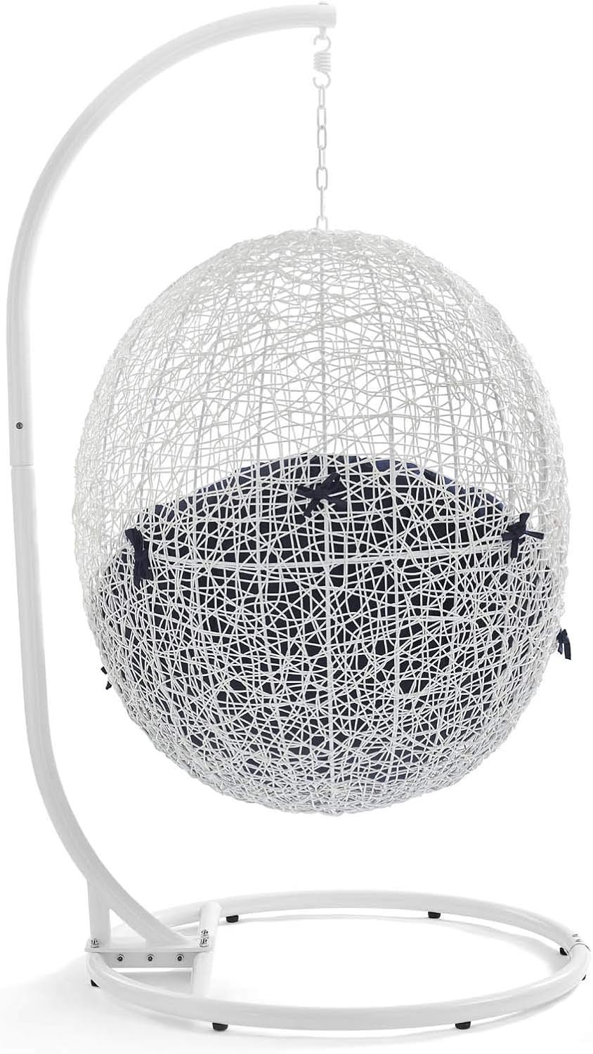 Modway Hide Wicker Rattan Outdoor Patio Porch Lounge Egg Swing Chair Set with Stand in White Navy