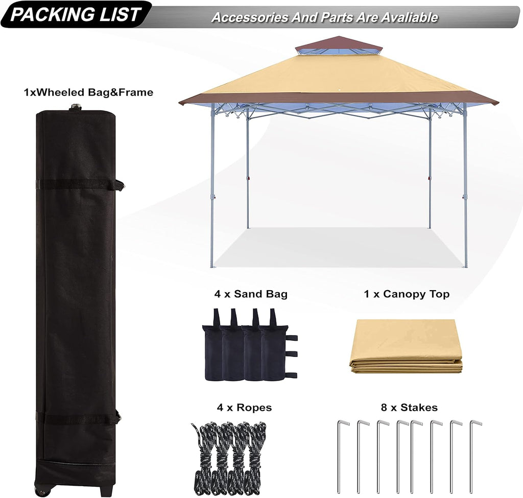 ABCCANOPY 13x13 Pop Up Canopy Base on 10x10 Canopy Frame with Double Ventilated Top, 4 Sandbags, 4 Ropes and 8 Stakes (Beige)
