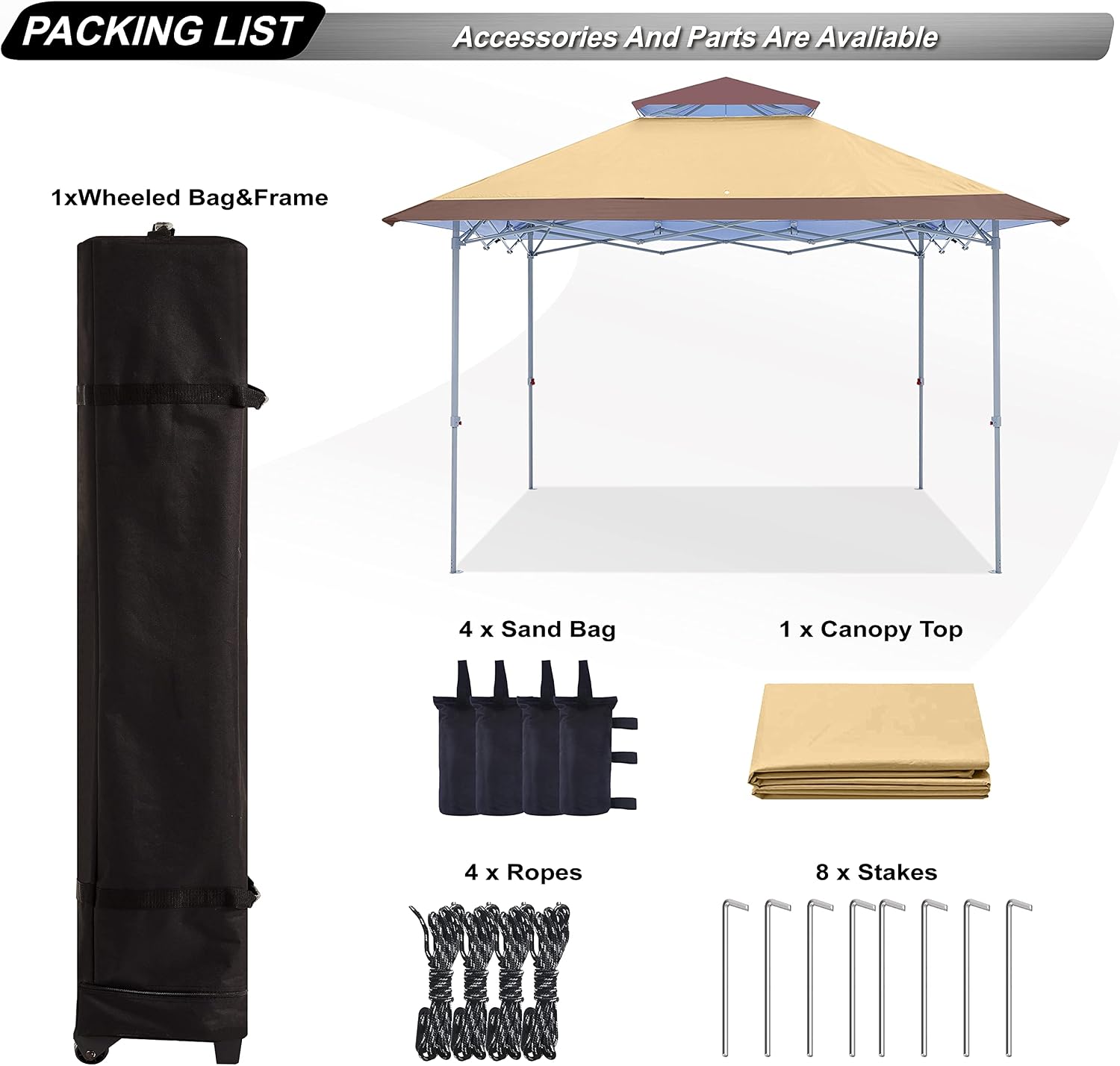 ABCCANOPY 13x13 Pop Up Canopy Base on 10x10 Canopy Frame with Double Ventilated Top, 4 Sandbags, 4 Ropes and 8 Stakes (Beige)