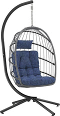 LEYCAY Hanging Egg Chair with Stand, Outdoor Indoor Swing Egg Chair with Cushion, Wicker Hammock for Patio, Bedroom 350 LBS Capacity-Dark Blue
