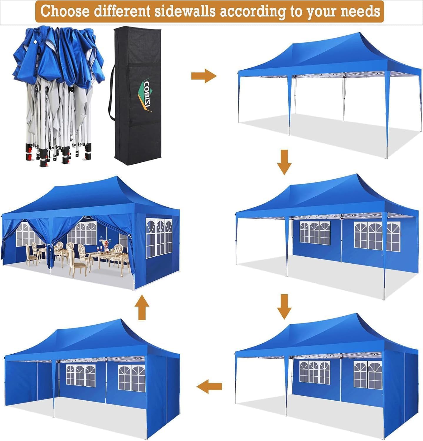 COBIZI 10x20 Pop Up Canopy with 6 Sidewalls,10x20 Canopy Tent Frame Upgraded with 3 Adjustable Heights,Waterproof UV50+ Outdoor Party Commercial Ez Up Gazebos with Carry Bag(10 x 20 ft Blue)