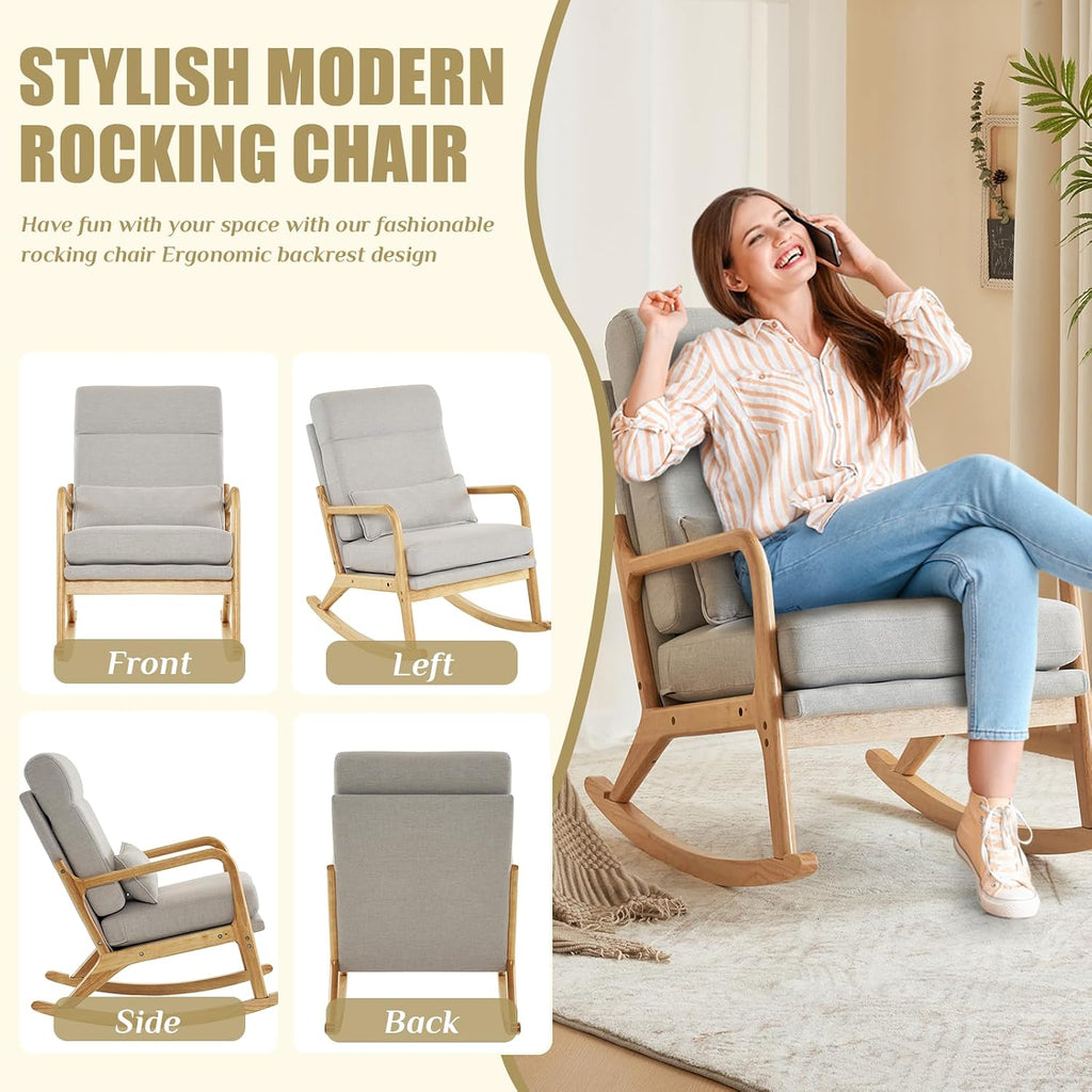 Karl home Nursery Rocking Chair Removable Glider Rocker High Backrest Rocking Armchair Mid-Century Accent Chair with Lumber Pillow for Bedroom, Living Room, Nursery, Light Gray