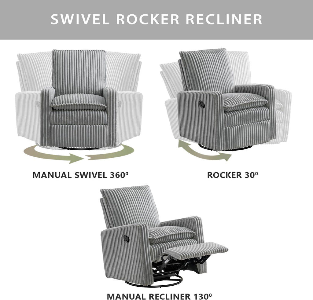 Oxford Baby Uptown Upholstered Glider Recliner Rocking Chair 360° Swivel for Nursery and Living Room - Corduroy, Ash Gray