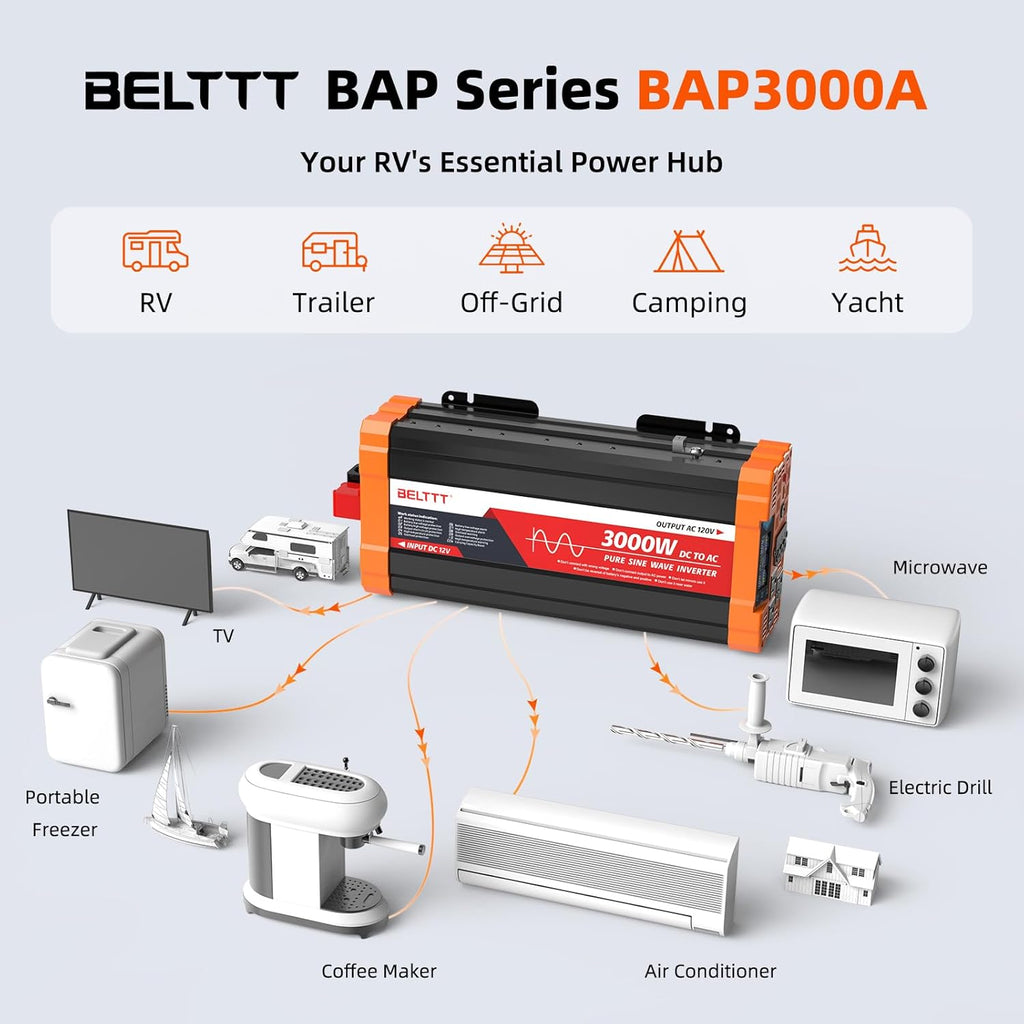 BELTTT 3000W Pure Sine Wave Inverter 12V DC to 120V AC for Solar, Off-Grid, RV, Truck, Home, Power Inverter with Dual AC, 20A Socket, 5V 2.1A USB, Hardwire Port, Remote Controller 23Ft Cable