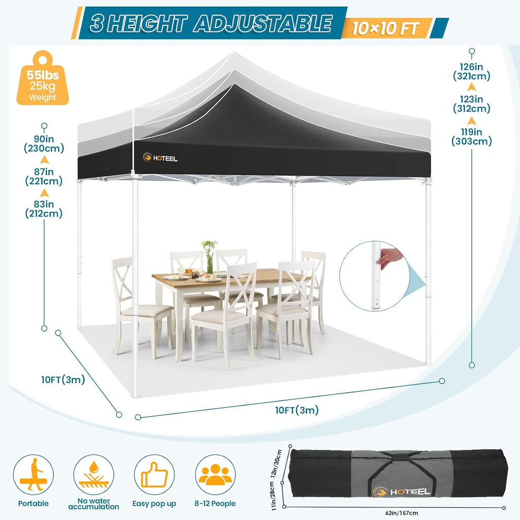 Hoteel 10x10 Pop Up Canopy Tent Heavy Duty with 4 Sidewalls, Waterproof Party Tent, Easy Set-up Commercial Instant Tents with Hand Bag & Rope & Nail, Hexagonal Leg (1-Year Warranty)