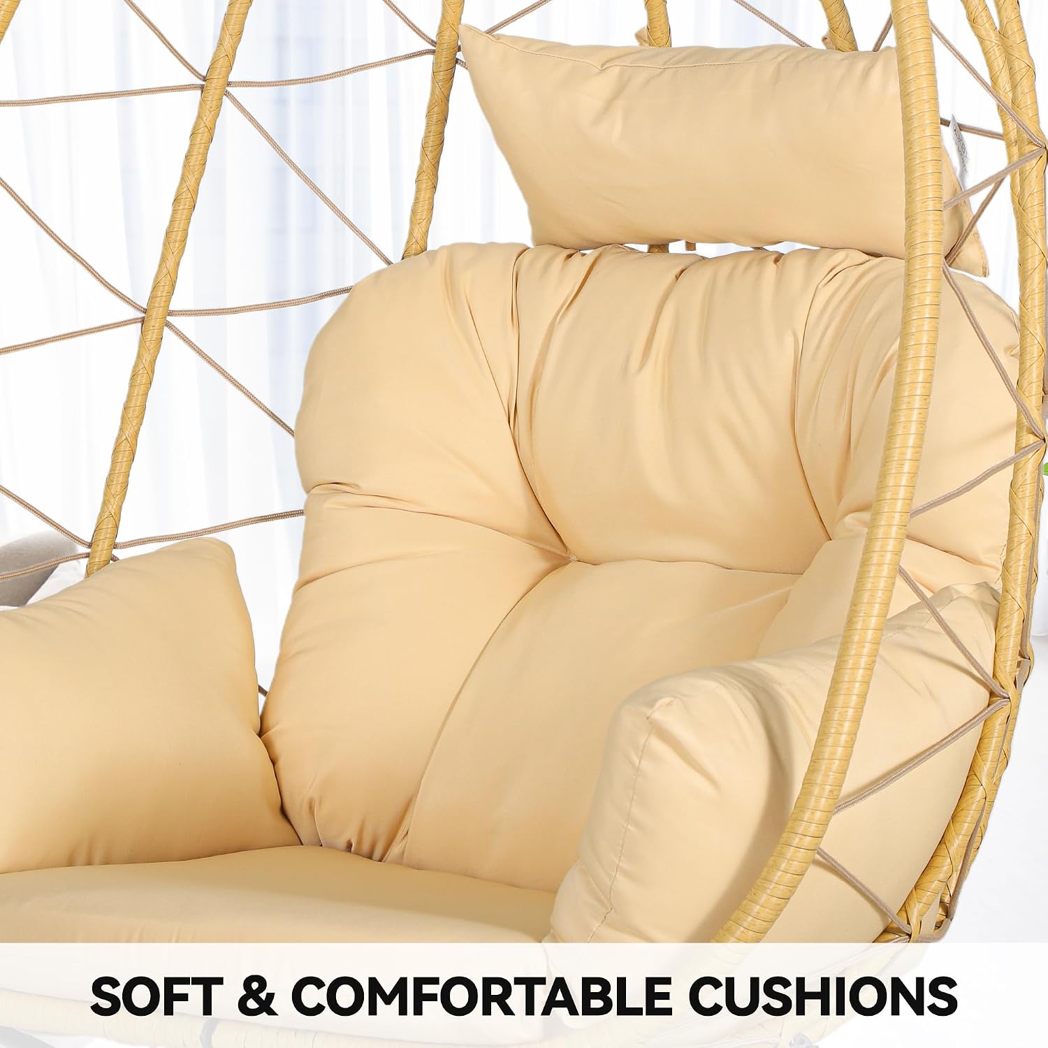 YITAHOME Wicker Rocking Egg Chair, Outdoor Patio Rocking Chair with Cushioned Comfort, 330lb Capacity, Anti-Slip, All-Weather Resilient Egg Lounger Chair for Indoor & Outdoor Relaxation Spaces, Beige