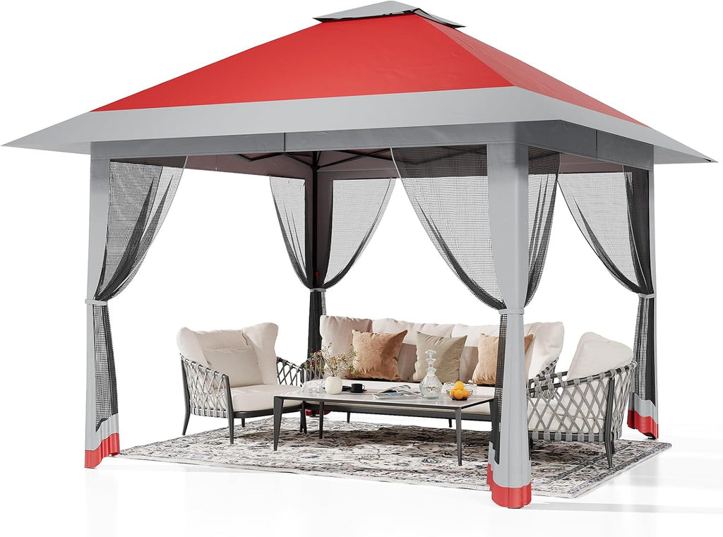 13x13 Pop Up Gazebo, Outdoor Canopy Tent with Mosquito Netting, [Adjustable Height & Spacious] Pop Up Tent with Double Roof, UV-Resistant Outdoor Gazebo for Backyard, Patio, Lawn, Garden, Deck(Red)