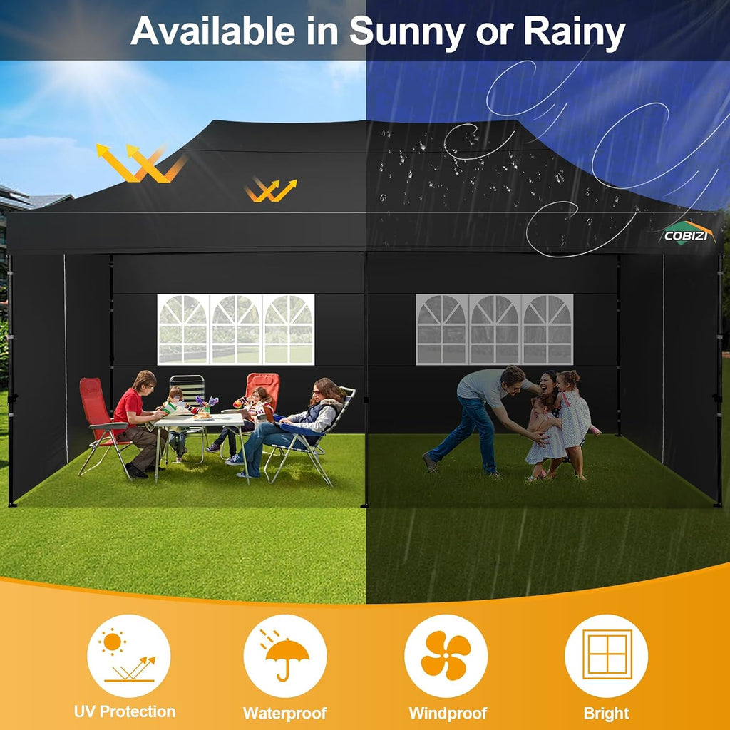 COBIZI 10x20 Pop up Canopy Tent 10x20 Canopy with 6 Sidewalls Waterproof Heavy Duty Commercial Canopy Tent for Parties Outdoor Garden Gazebo, Carry Bag with Wheel(10x20ft, Black)