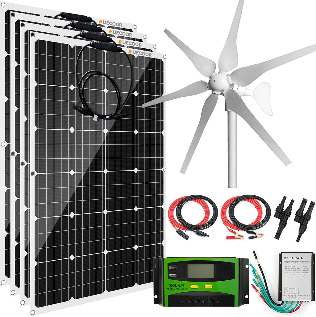 880Watts 24Volt Solar Wind Hybrid System Kit: 400W 6-Blade Wind Turbine Generator with Charge Controller,4pcs 120W Flexible Monocrystalline Solar Panel