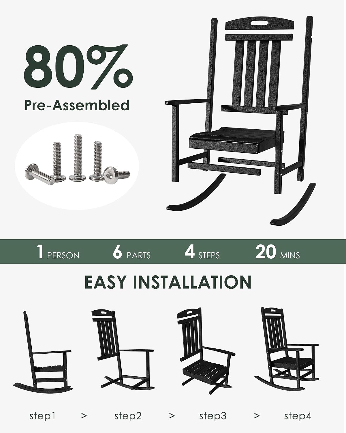 Outdoor Rocking Chair Set of 2, All-Weather Resistant Poly Lumber Rocker Chair Outdoor, High Back Plastic Patio Rocking Chairs for Outside Porch Rocker Garden Lawn, Black