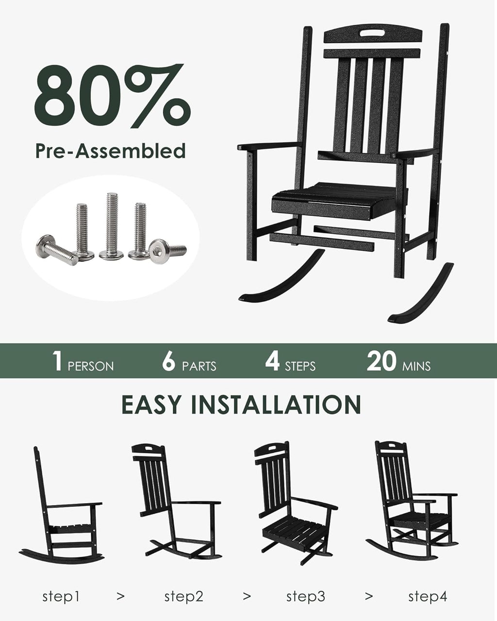 Outdoor Rocking Chair Set of 4, All-Weather Resistant Poly Lumber Rocker Chair Outdoor, High Back Plastic Patio Rocking Chairs for Outside Porch Rocker Garden Lawn, Black