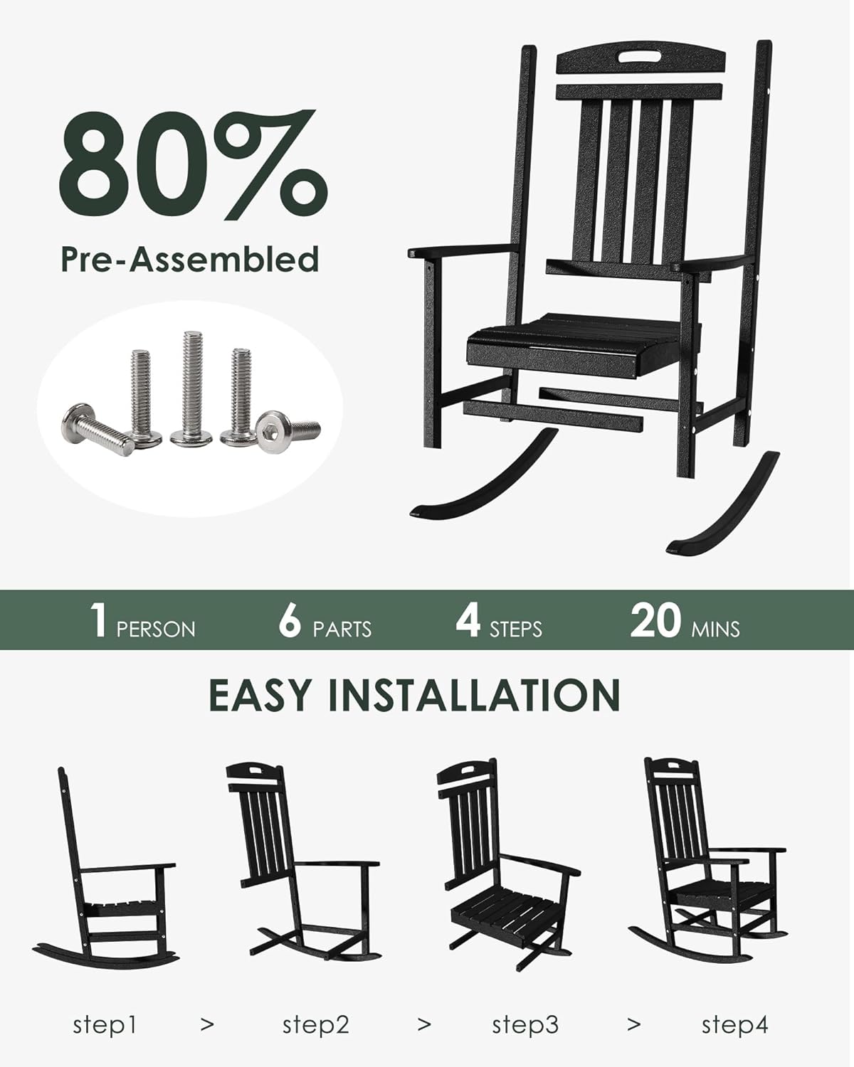 Outdoor Rocking Chair Set of 4, All-Weather Resistant Poly Lumber Rocker Chair Outdoor, High Back Plastic Patio Rocking Chairs for Outside Porch Rocker Garden Lawn, Black