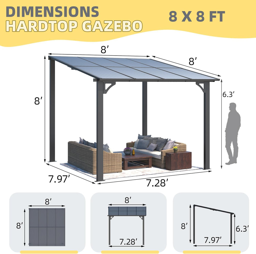 U-MAX 8' x 8' Outdoor Pergola Gazebo, Wall-Mounted Lean to Metal Awnings Gazebos on Clearance for Patio, Large Panel Roof Pergolas and Gazebo for Outdoor Use