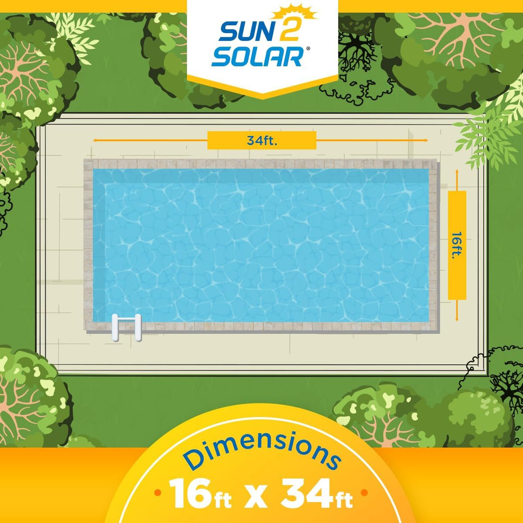Sun2Solar Blue 16 ft x 34 ft Rectangle Pool Solar Cover | 800 Series | Heat Retaining Solar Blanket | for Heating Rectangular Inground & Above Ground Swimming Pools | Includes 6 Heavy-Duty Grommets