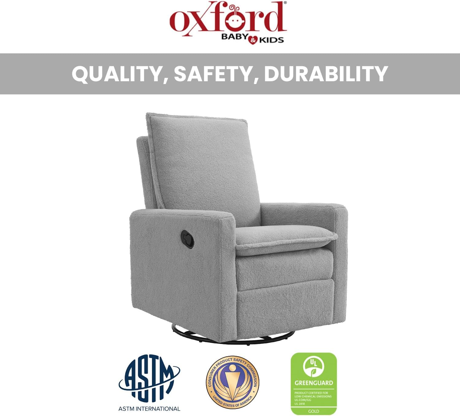 Oxford Baby Uptown Upholstered Glider Recliner Rocking Chair 360° Swivel for Nursery and Living Room - Boucle Koala Gray