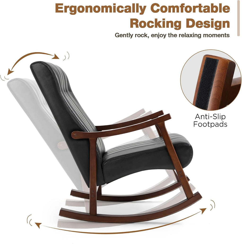 AVAWING Upholstered Rocking Chair with PU Leather Padded Seat,Comfortable Rocker Solid Wood for Living Room,Modern High Back Armchair,Adult Single Sofa,Old Man Chair (Black)