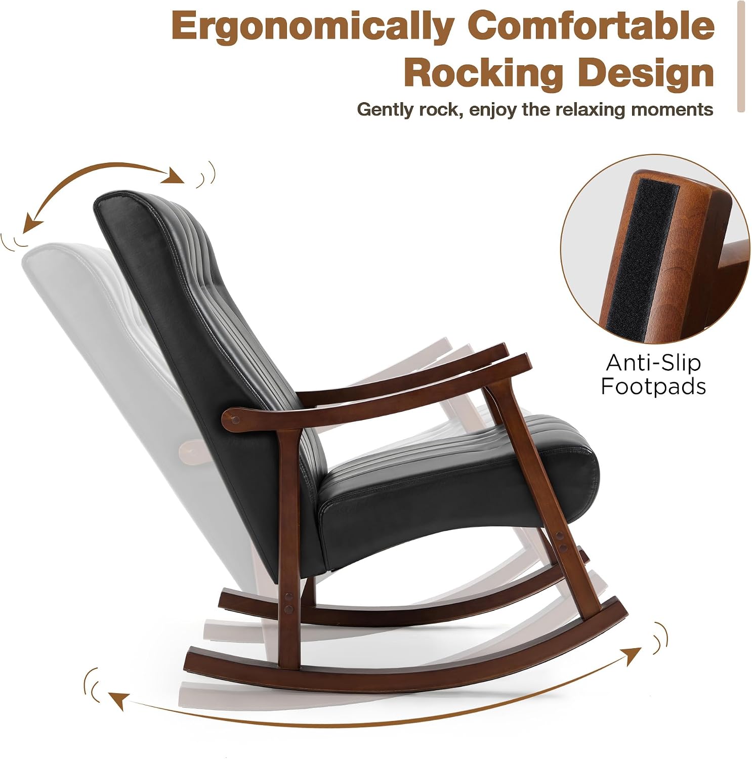 AVAWING Upholstered Rocking Chair with PU Leather Padded Seat,Comfortable Rocker Solid Wood for Living Room,Modern High Back Armchair,Adult Single Sofa,Old Man Chair (Black)