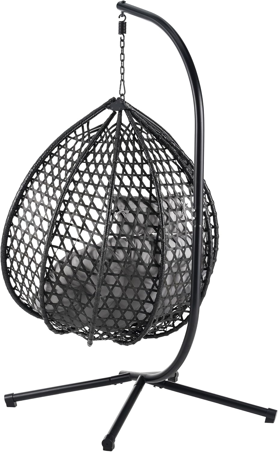 Sturdy Hammock Chair with Stand,Durable Hanging Egg Chair with Rattan Weaving,Comfortable Indoor Outdoor Swing Chairs with Soft Removable Cushion,Suitable for Balcony, Bedroom, or Garden, Black+ Gray