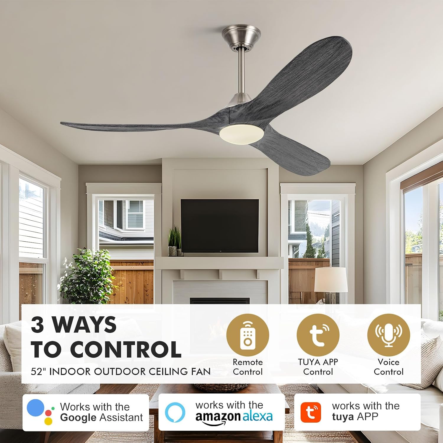 52 Inch Outdoor Ceiling Fan with Light, Wifi Smart Fan with Alexa/App/Remote Control, Quiet Reversible Energy Efficient DC Motor, Modern Farmhouse Style, Damp Rated for Patios Garage Porch Bedroom