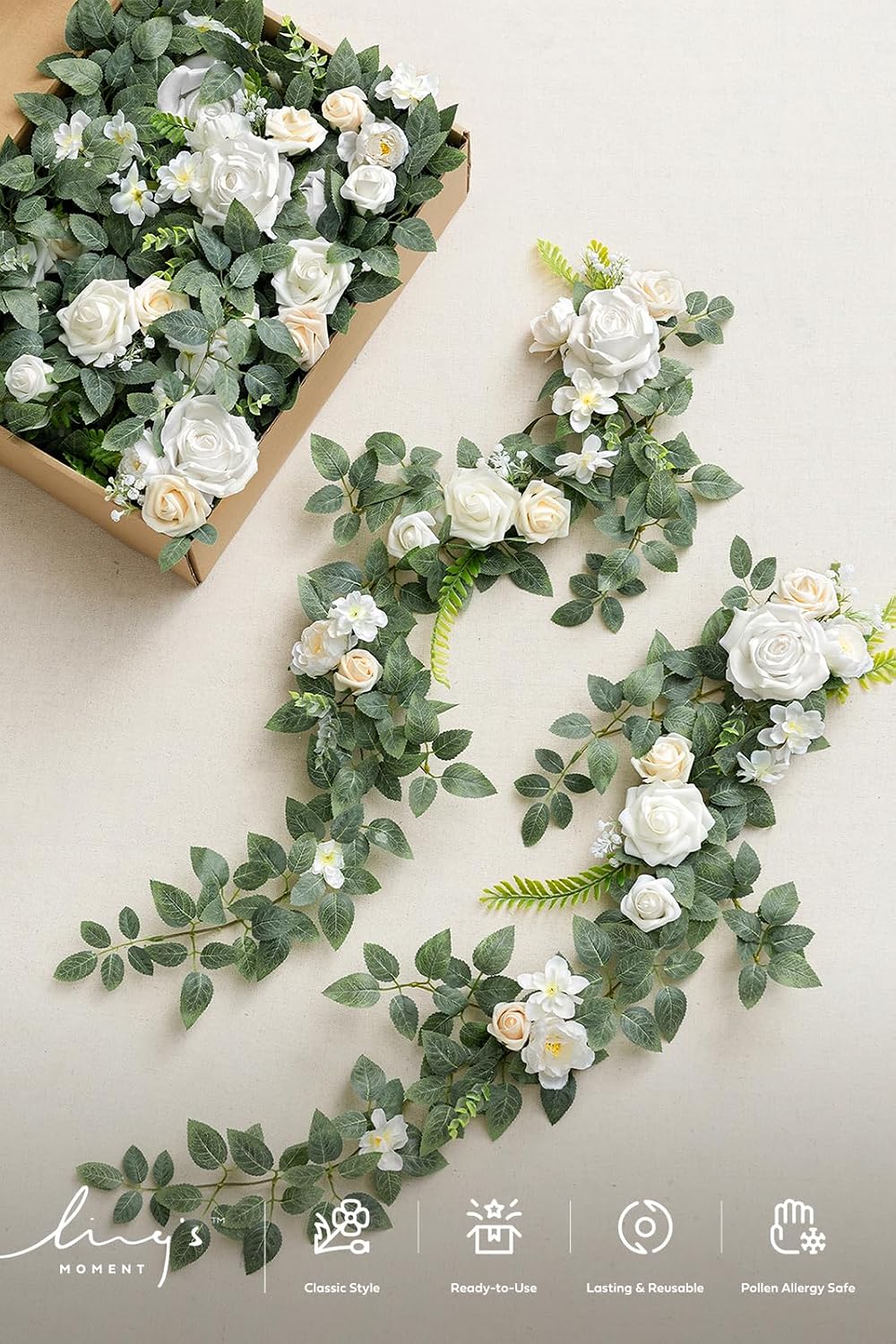 Ling's Moment 10pcs Wedding Chair Decorations Aisle Floral Swag Artificial Pew Flowers Hanging Garland White & Sage Green For Ceremony Reception Church Rose Floral Faux Arrangement Party Outdoor Decor