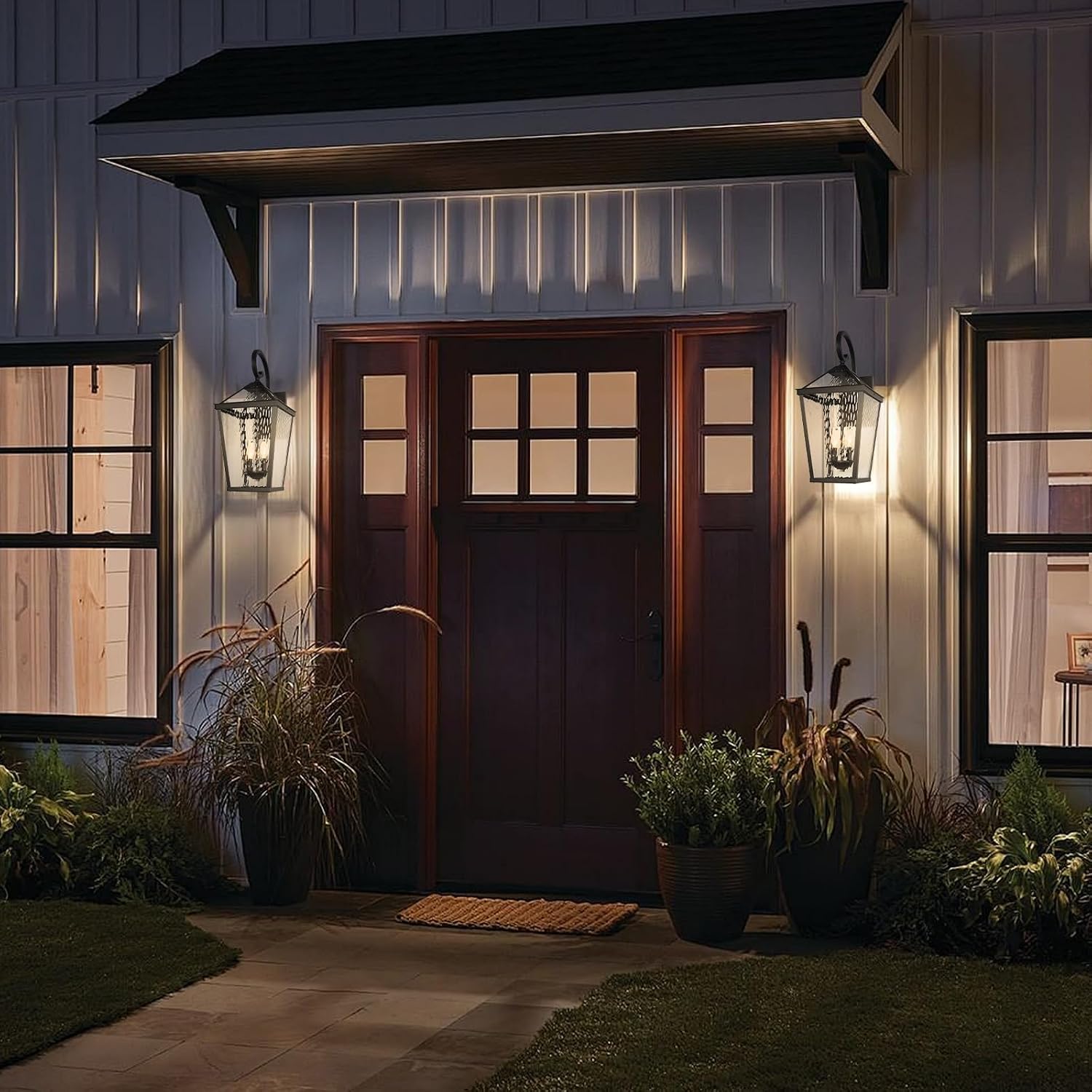 Treekee Outdoor Wall Light Fixture, Modern Waterproof Exterior Wall Lantern with E12 Sockets & Water Ripple Glass, Matte Black Rustic Wall Sconce Porch Lamp for Patio, Garage, Yard, Front Door, Garden