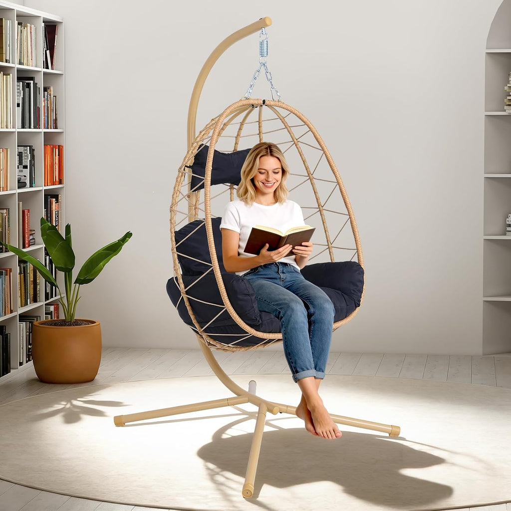 Egg Chair with Stand, Wicker Hanging Chair for Outdoor Patio, Cushioned Hammock Swing for Bedroom Garden Indoor/Outdoor, Double-Zipper Structure Hanging Egg Chair (Yellow Frame and Black)