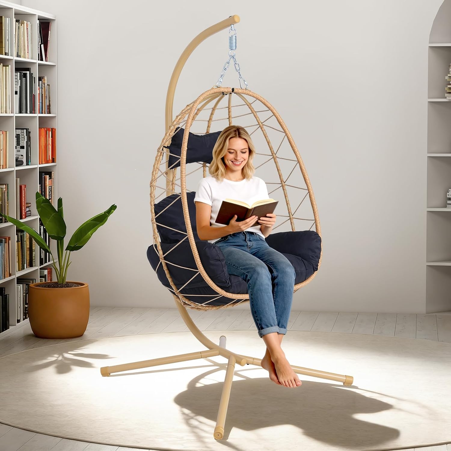 Egg Chair with Stand, Wicker Hanging Chair for Outdoor Patio, Cushioned Hammock Swing for Bedroom Garden Indoor/Outdoor, Double-Zipper Structure Hanging Egg Chair (Yellow Frame and Black)