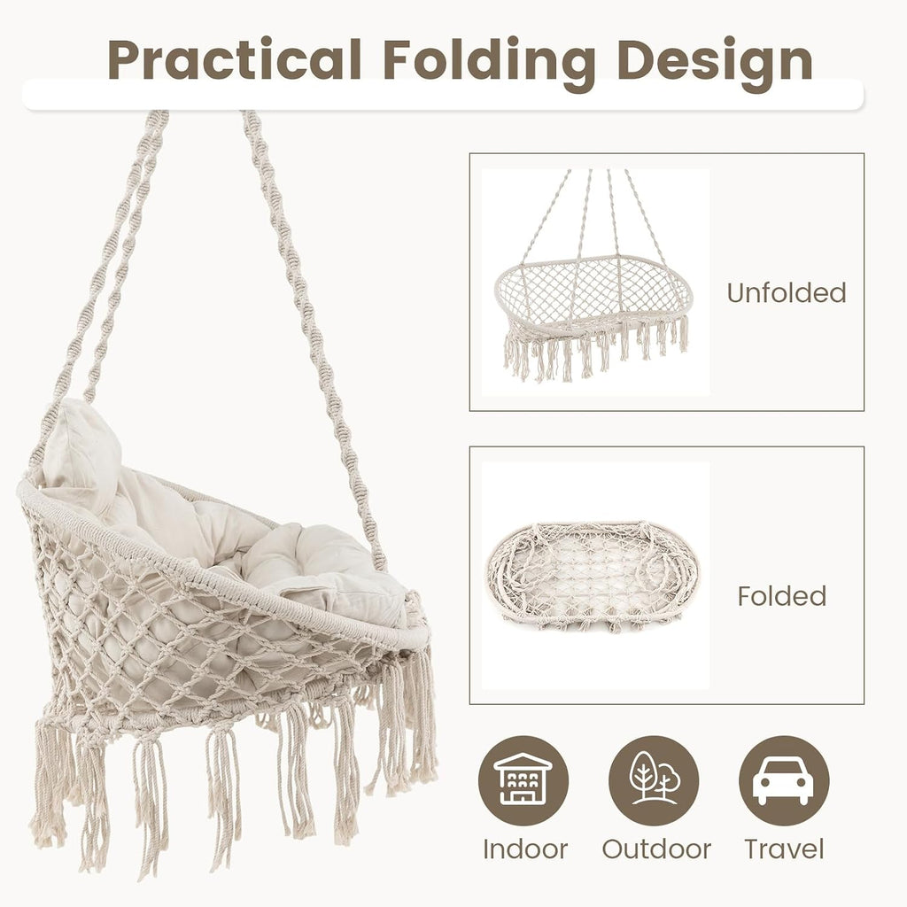 Giantex Hammock Chair, Macrame Hanging Chair with Removable Cushion, Romantic Tassels, Outdoor Indoor Rope Chair for Relax in Bedroom, Porch, Balcony, Backyard, Max 440 lbs, Swinging Chair, Beige