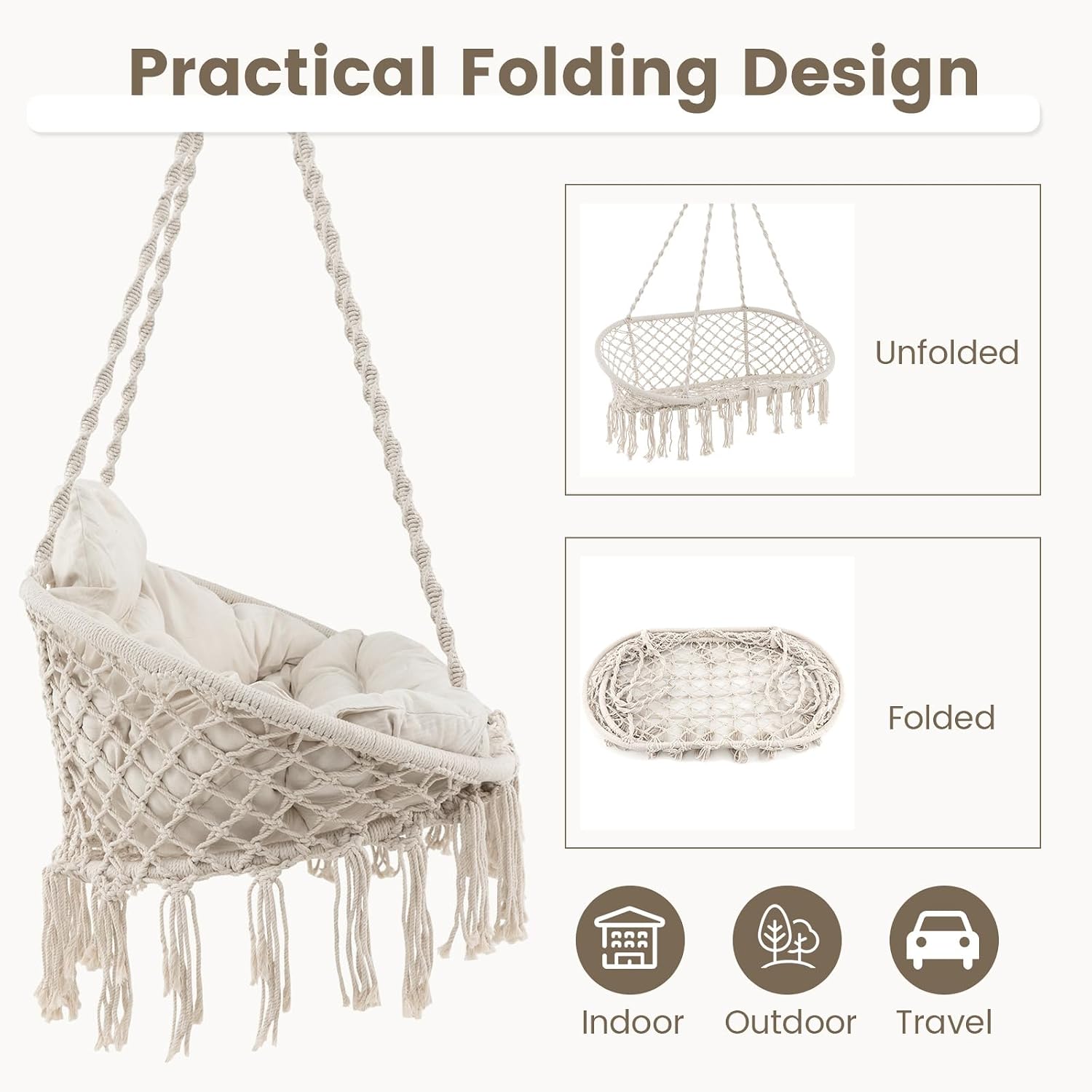 Giantex Hammock Chair, Macrame Hanging Chair with Removable Cushion, Romantic Tassels, Outdoor Indoor Rope Chair for Relax in Bedroom, Porch, Balcony, Backyard, Max 440 lbs, Swinging Chair, Beige